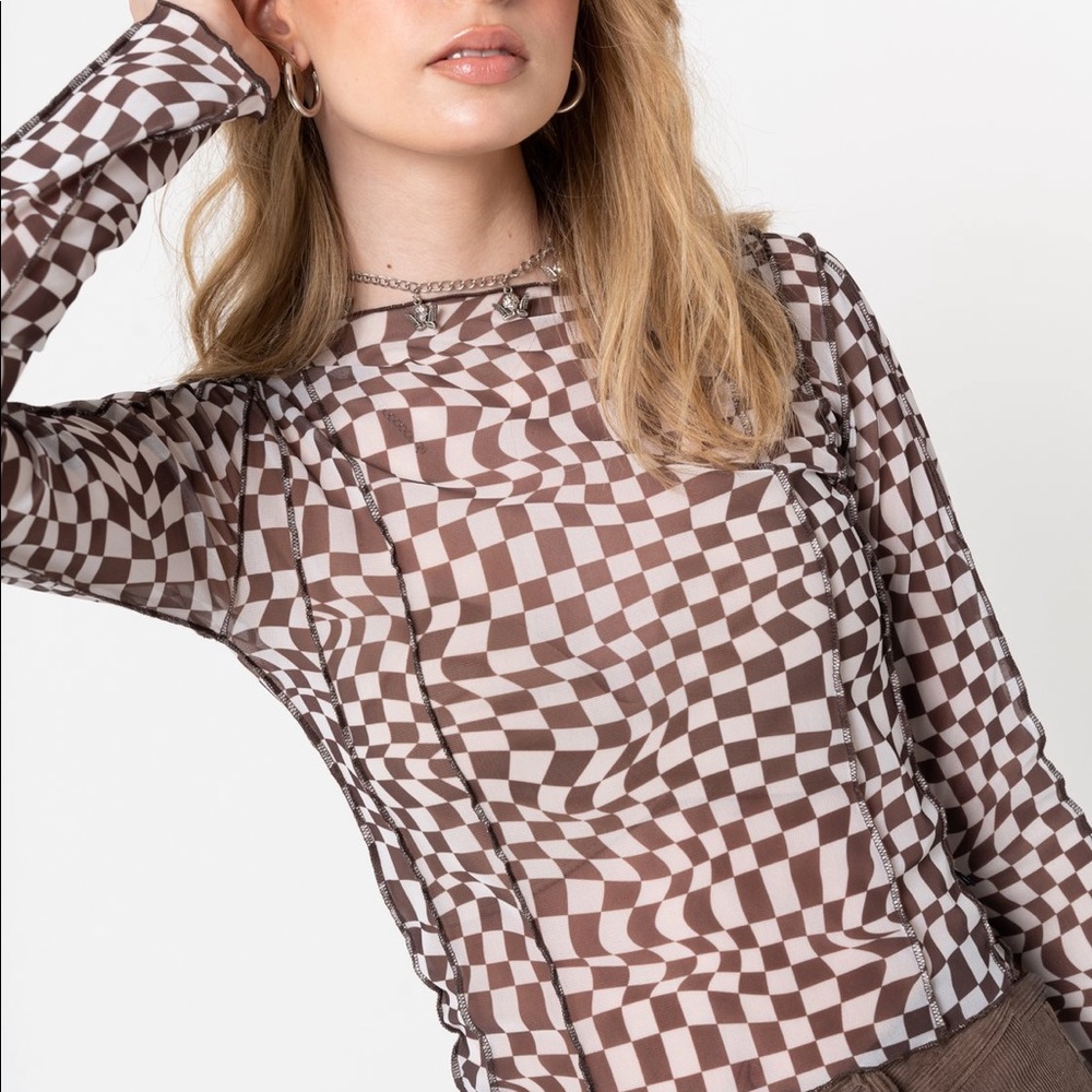 Brown Check Checkered Mesh Top 🤎